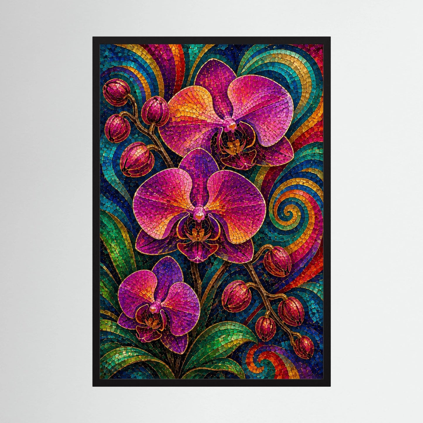 Orchideen-Mosaikposter (Hochformat) mit violetten Orchideen, im schwarzen Rahmen