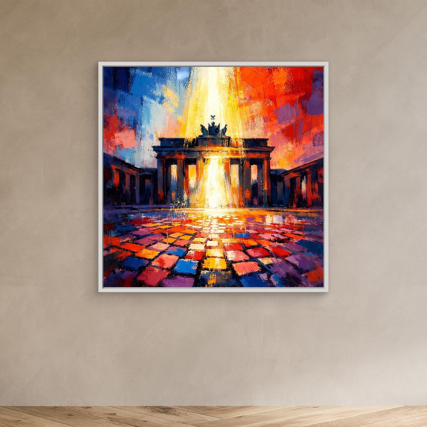 Abstraktes Leinwandbild Brandenburger Tor im Lichtermeer, mehrfarbig, weißer Rahmen