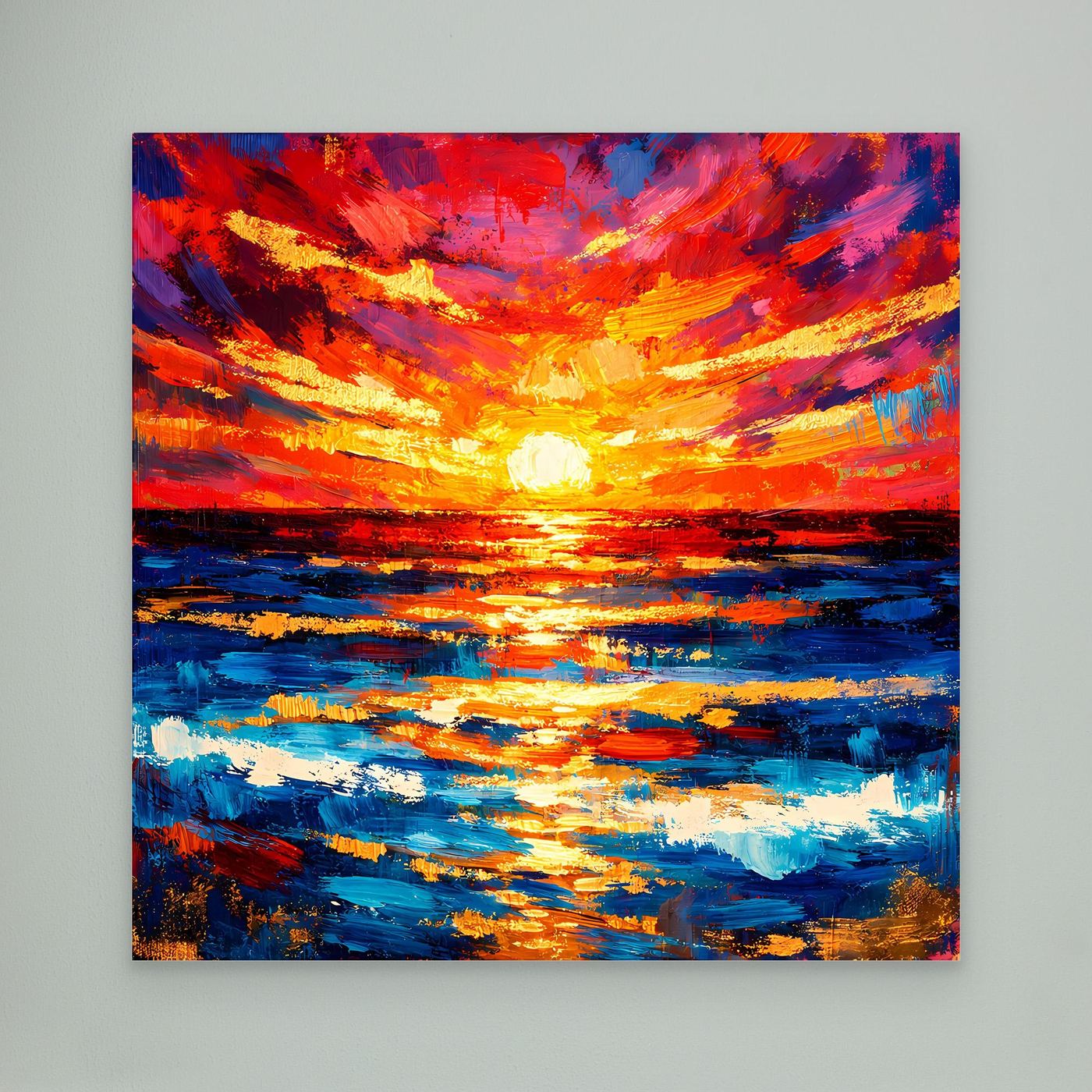 Abstraktes Leinwandbild Sonnenuntergang am Meer, warme Orange- und Blautöne