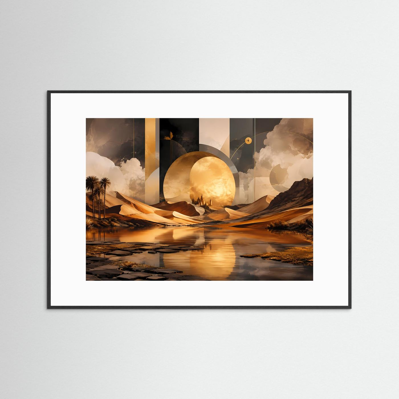 Surreale Wüstenlandschaft in Gold | Oase, Sonne & abstrakte Geometrie