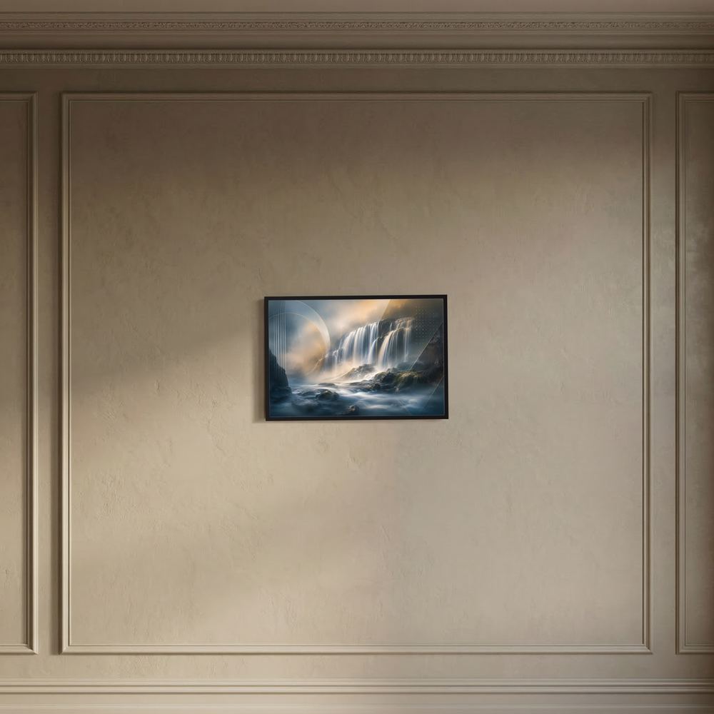 Poster Querformat mit abstraktem Wasserfall und Lichtbogen, schwarzer Rahmen