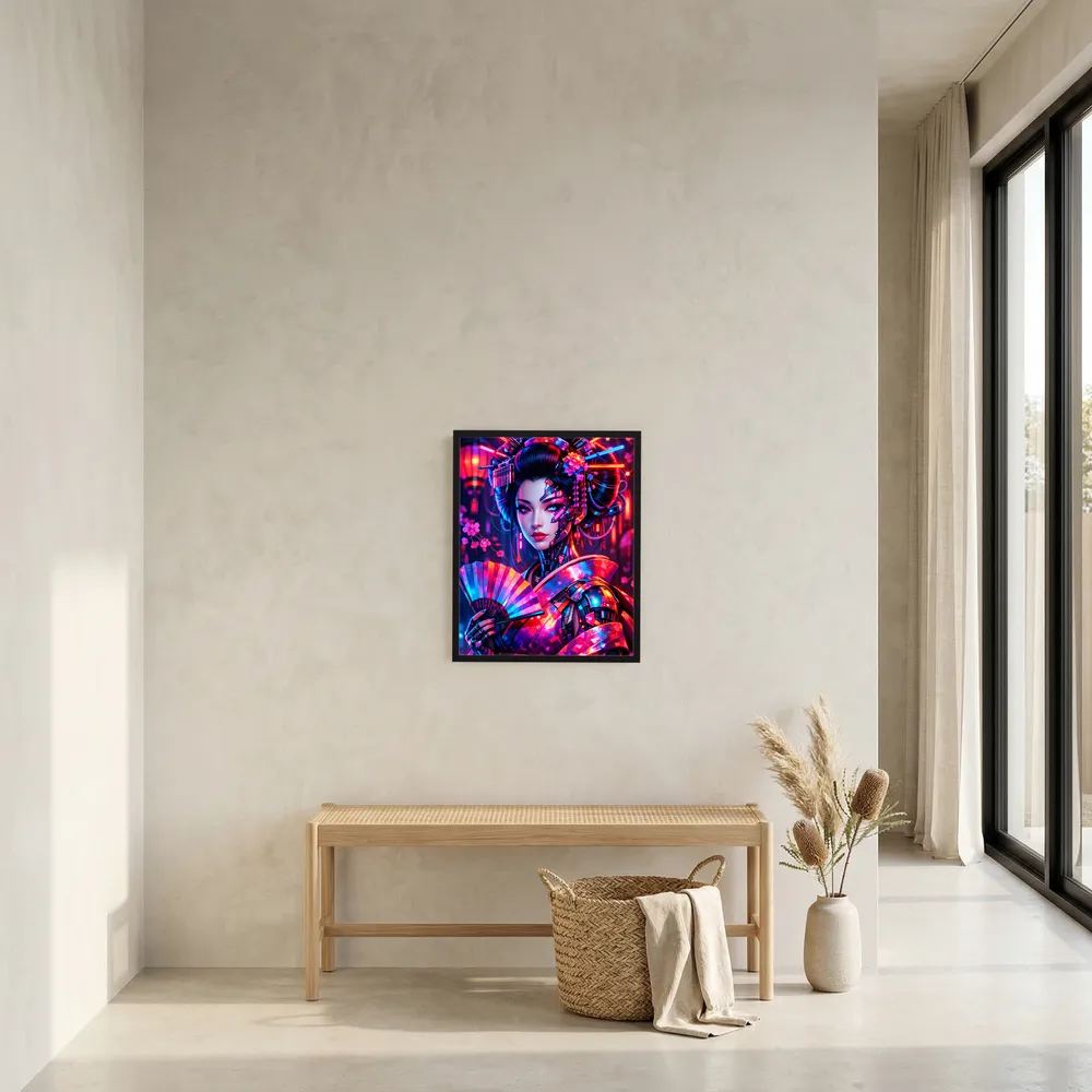 Gerahmtes Neon-Kunstposter mit Cyber-Geisha an der Wand, aufwendiges Neonmuster