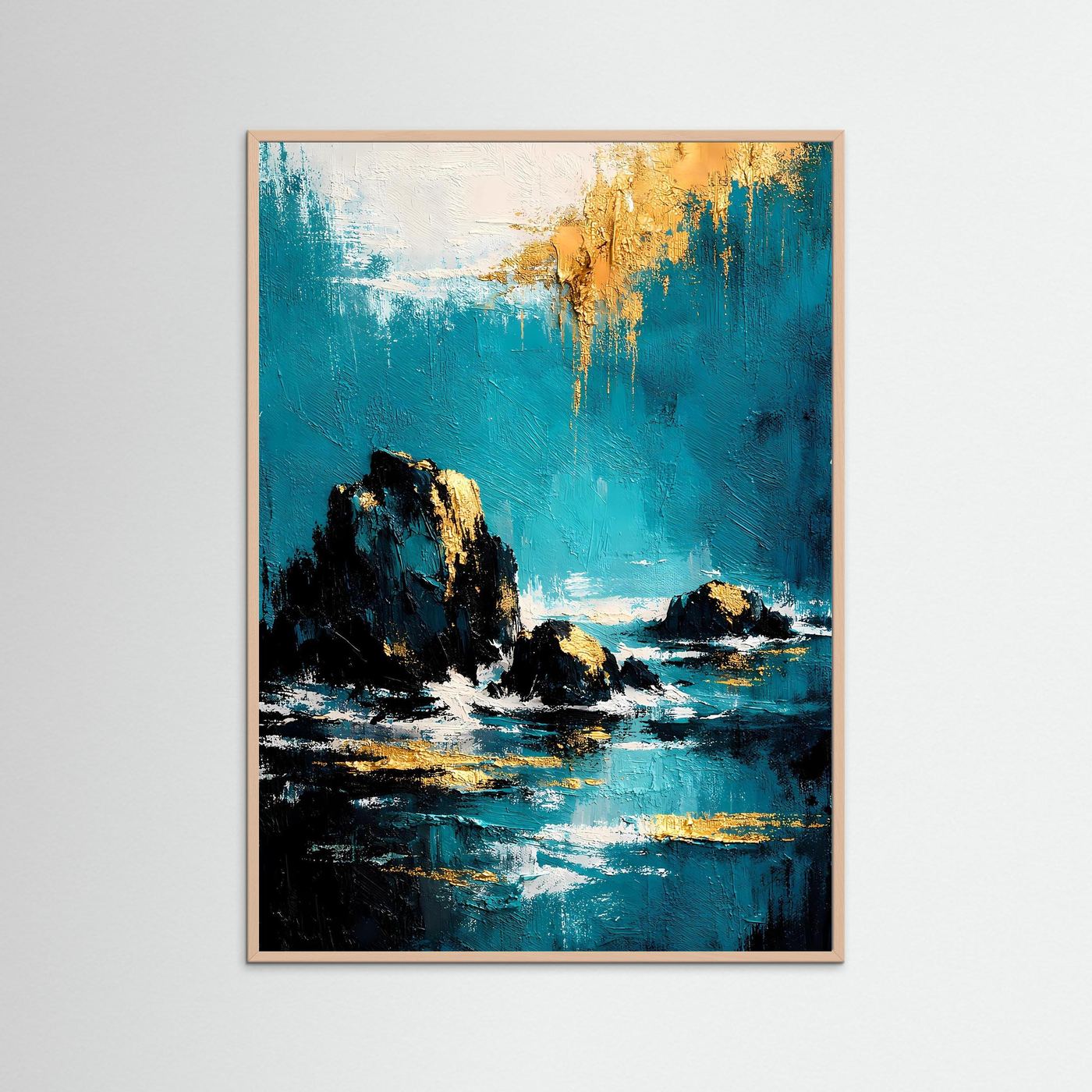 Abstraktes Meerposter im Hochformat mit rosafarbenem Holzrahmen: türkisfarbene See, goldene Akzente.