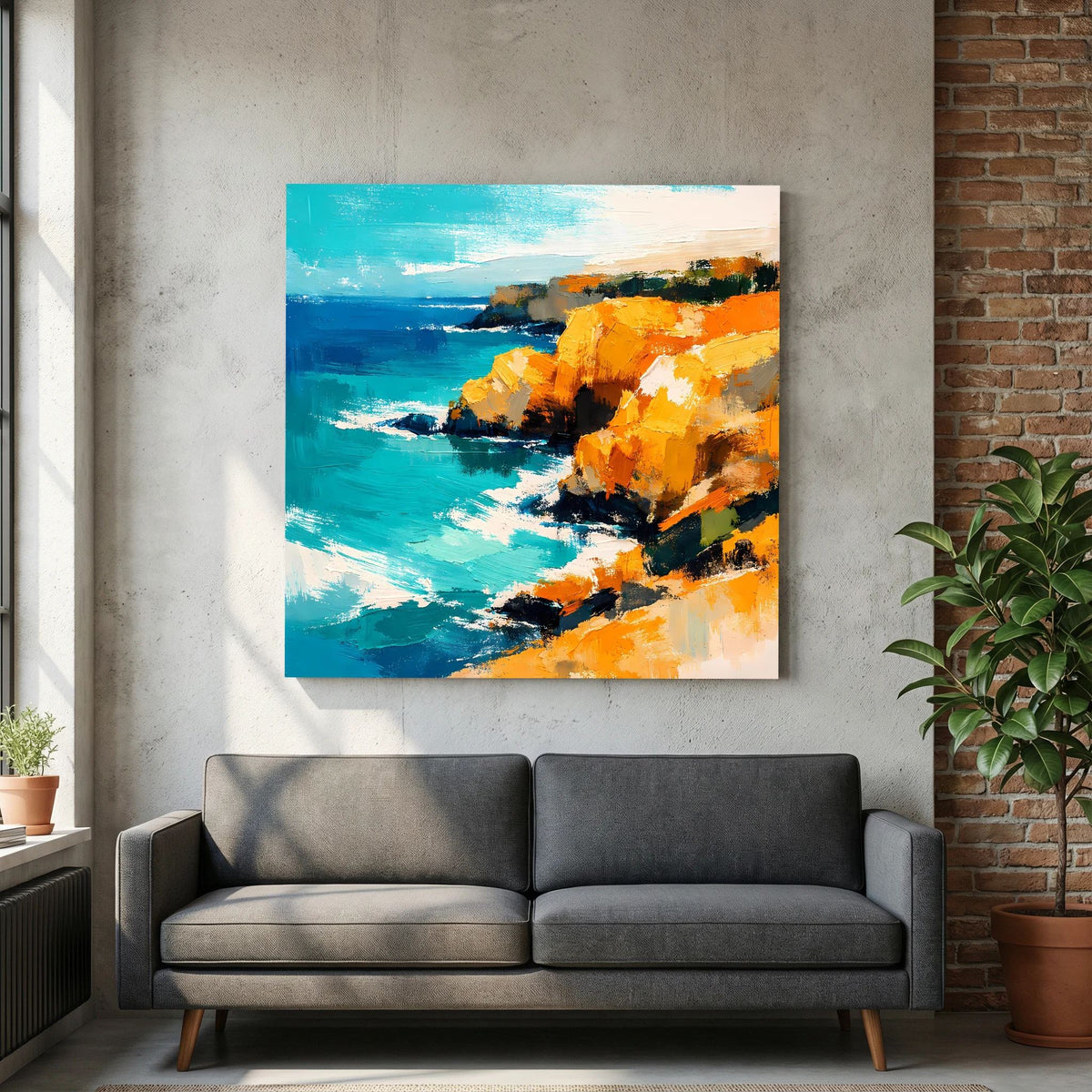 Leinwand Abstraktes Steilküsten Gemälde | Modernes Mediterranes Meeres Wandbild Blau Gelb