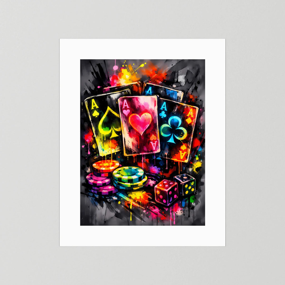 Poker-Asse-Neon-Poster mit bunten Karten, Chips und Würfeln, weiß eingefasst