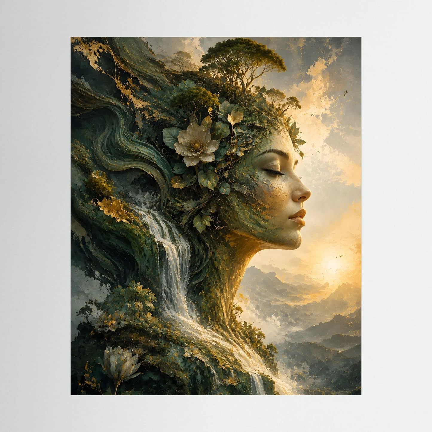 Hochformat-Wandposter mit mystischem Frauenprofil, Wasserfall und Waldblumen