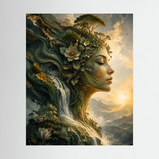 Hochformat-Wandposter mit mystischem Frauenprofil, Wasserfall und Waldblumen