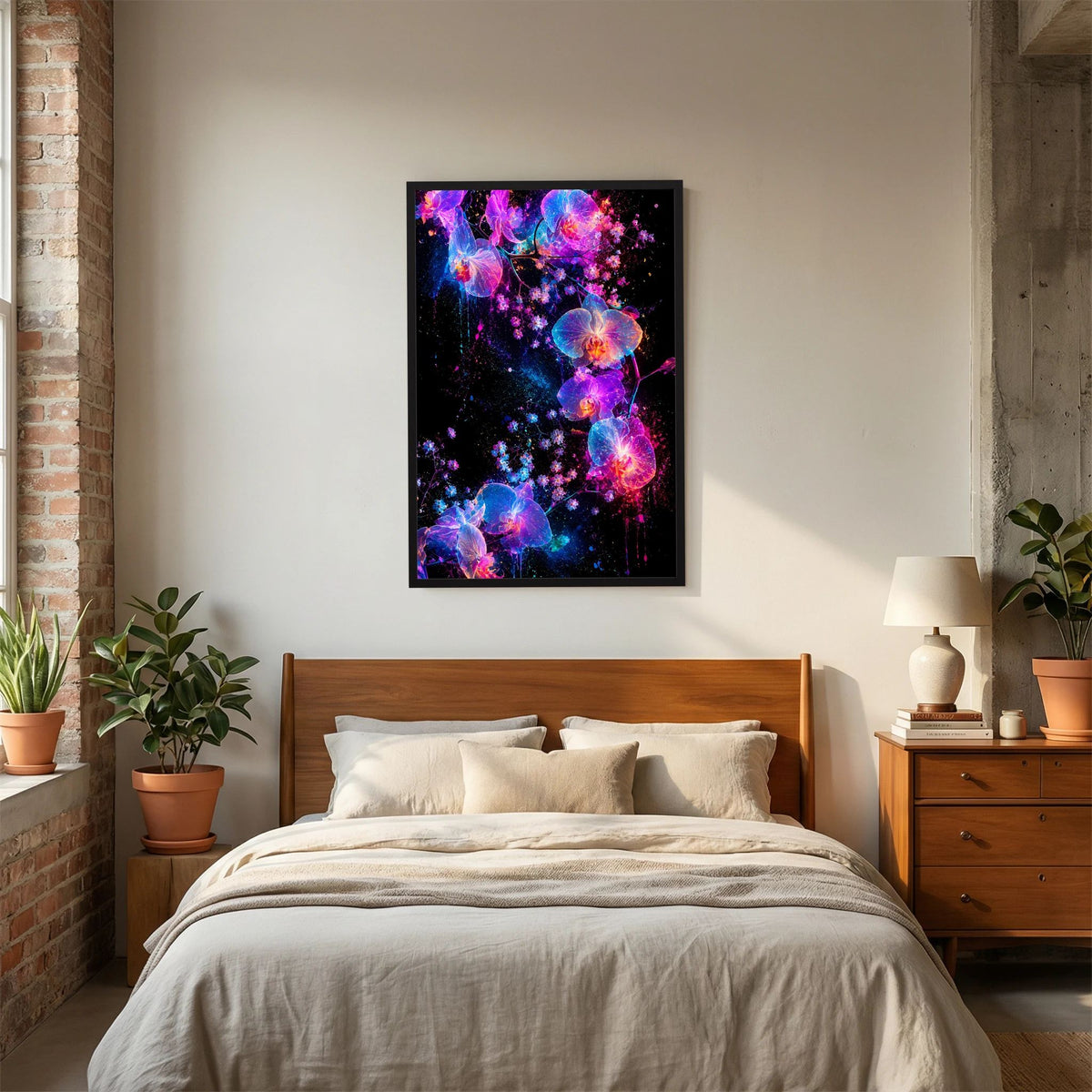 Leuchtendes Orchideen-Kunstposter mit schwarzem Rahmen, Neonorchideen in Blau, Pink und Violett