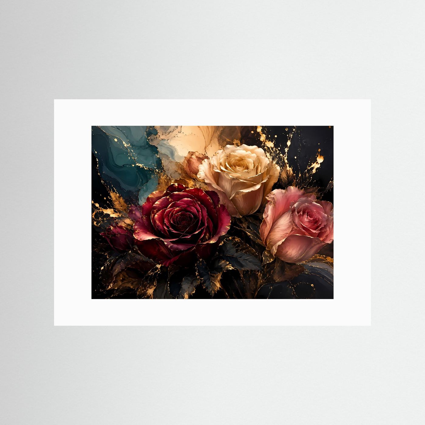 Elegante Rosen mit Goldakzenten | Modernes Blumen & Natur Poster im Querformat