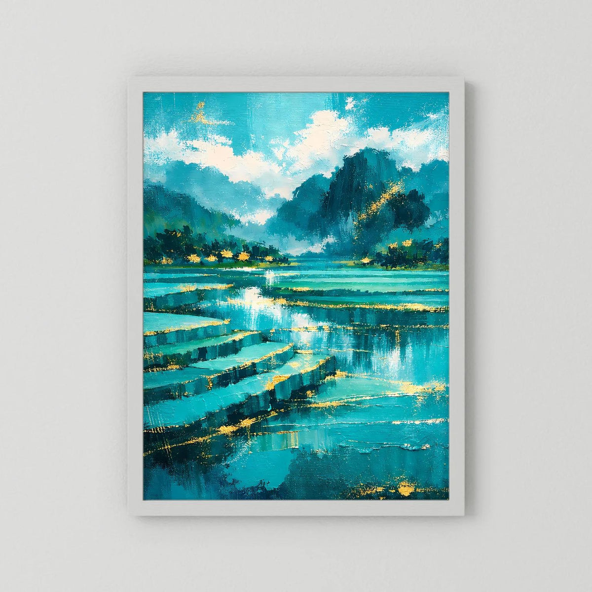 Hochformatiges Poster im Weißrahmen mit abstraktem Landschaftsmotiv: türkisblauer Fluss.