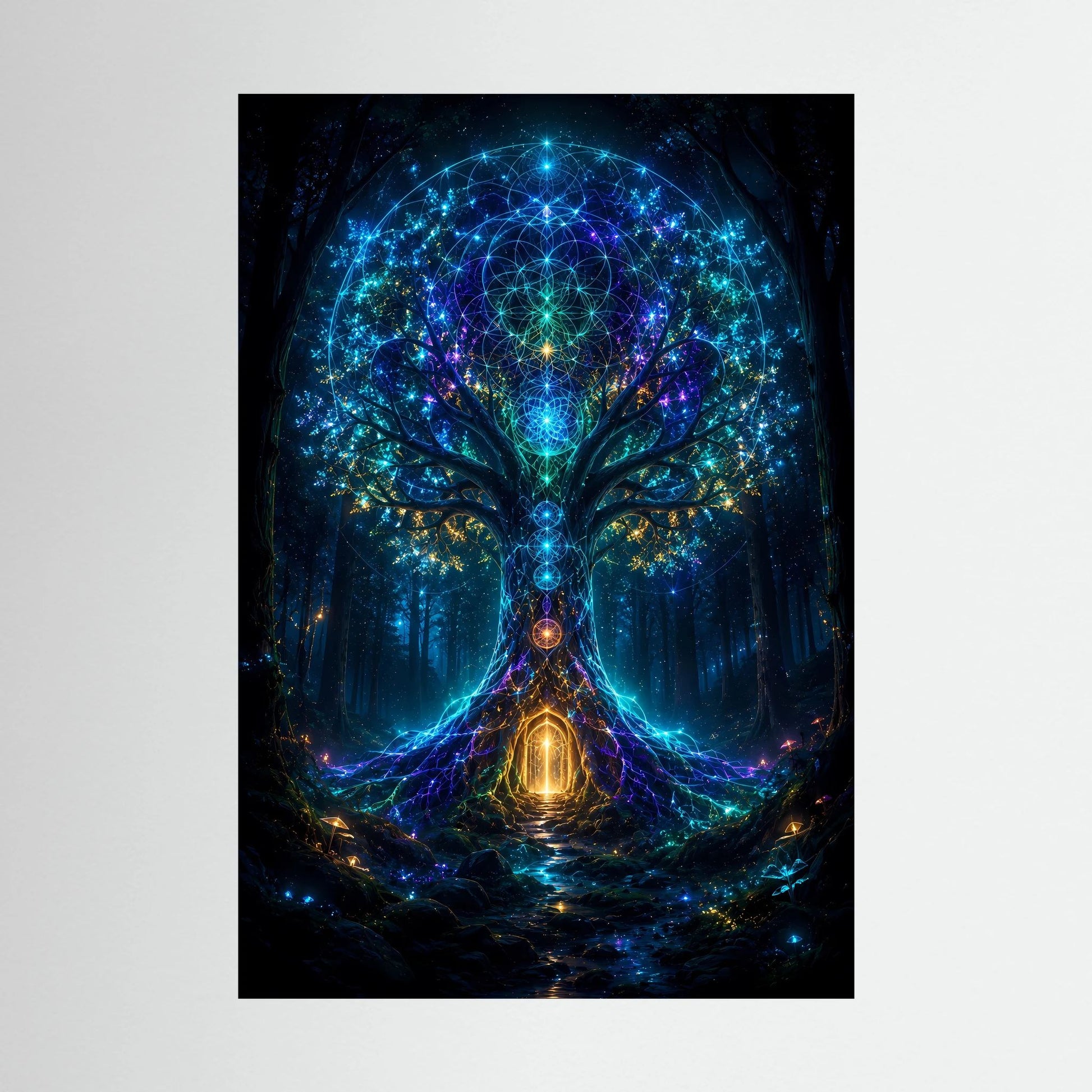 Hochformatiges Poster mit leuchtendem Baum im blauen, mystischen Wald