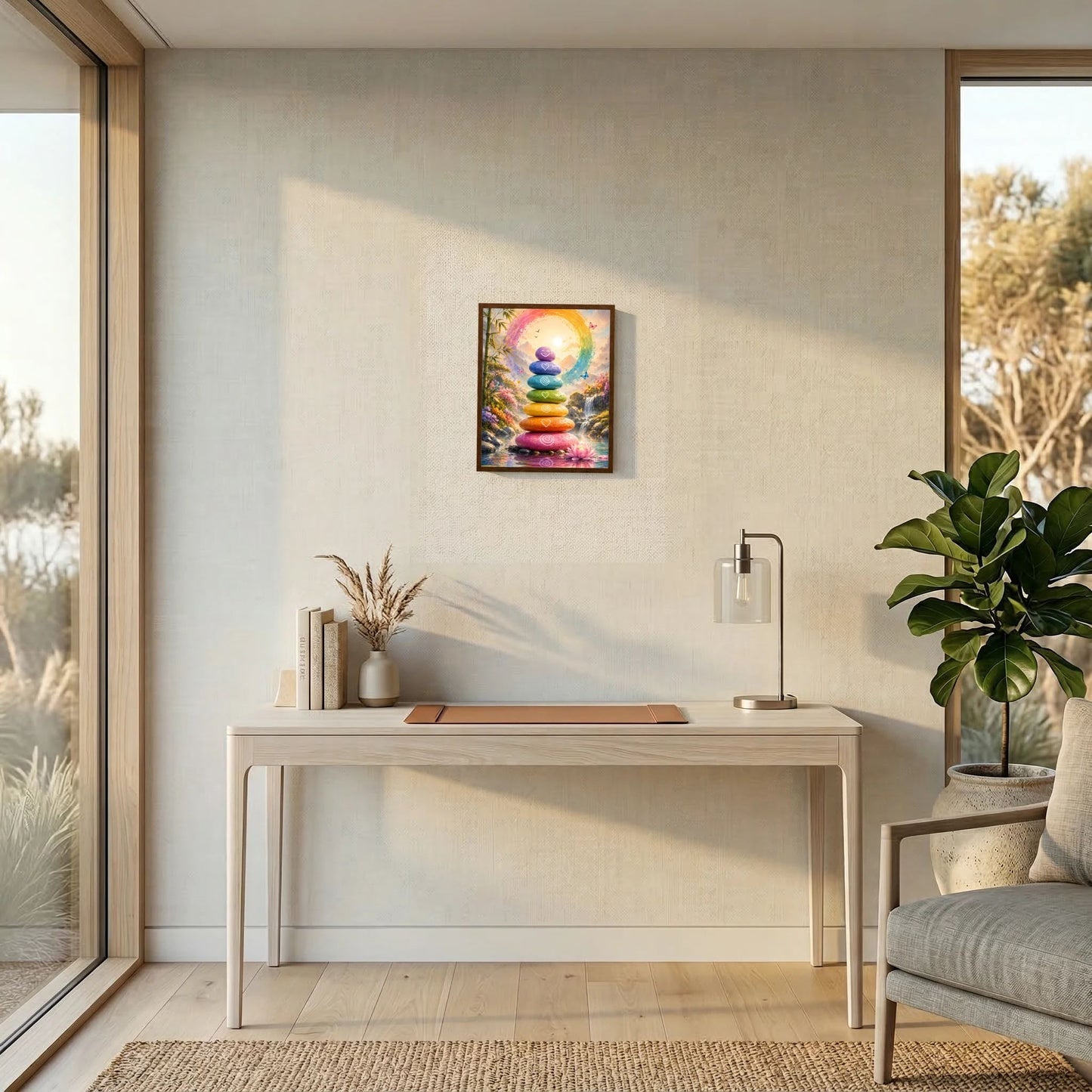 Gerahmtes Zen-Poster mit Regenbogenkreis, gestapelten Steinen und Lotusblüte