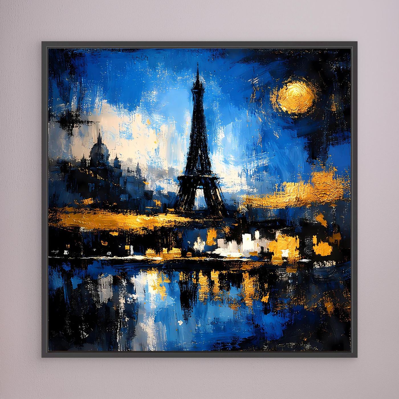 Leinwand-Wandbild mit Eiffelturm-Silhouette, blauem Nachtbild, Mondschein und Wasserreflexen