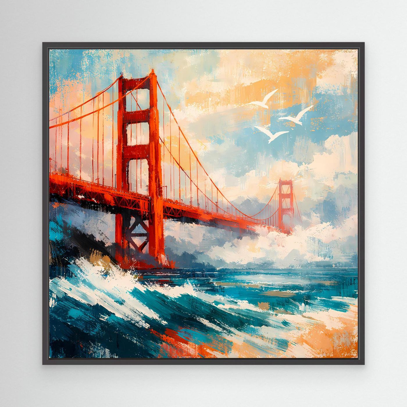 Abstraktes Leinwand-Wandbild mit Golden-Gate-Brücke, orangefarben und türkisblau, schwarzer Rahmen