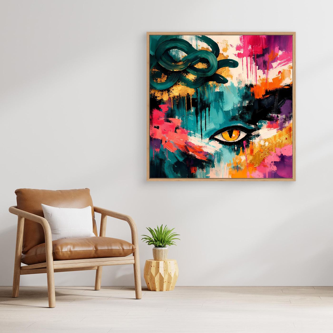 Abstraktes Medusa-Auge-Wandbild auf Leinwand mit hellem Holzrahmen