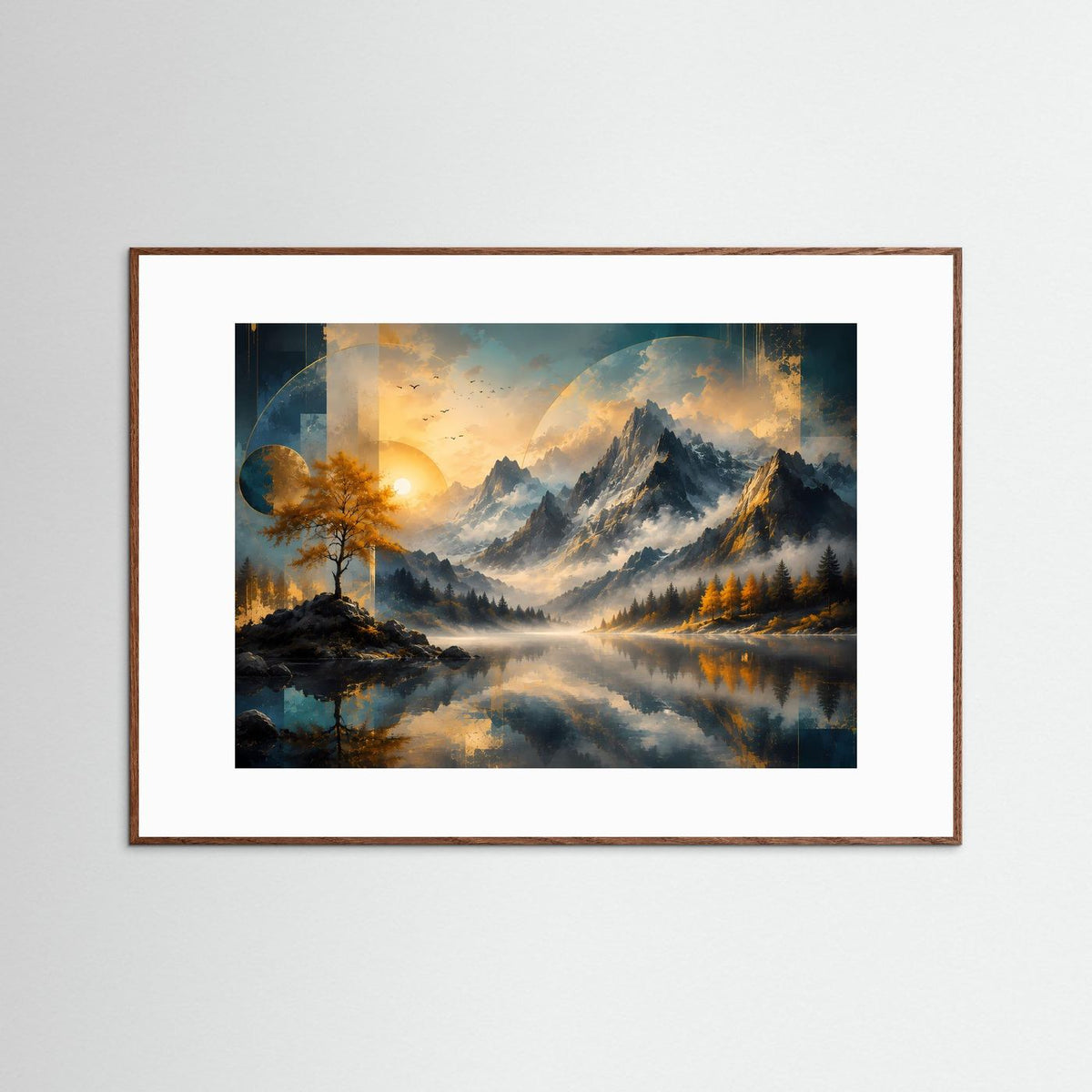 Poster Querformat mit Bergsee, Herbstbaum und Sonnenaufgang, dunkler Holzrahmen