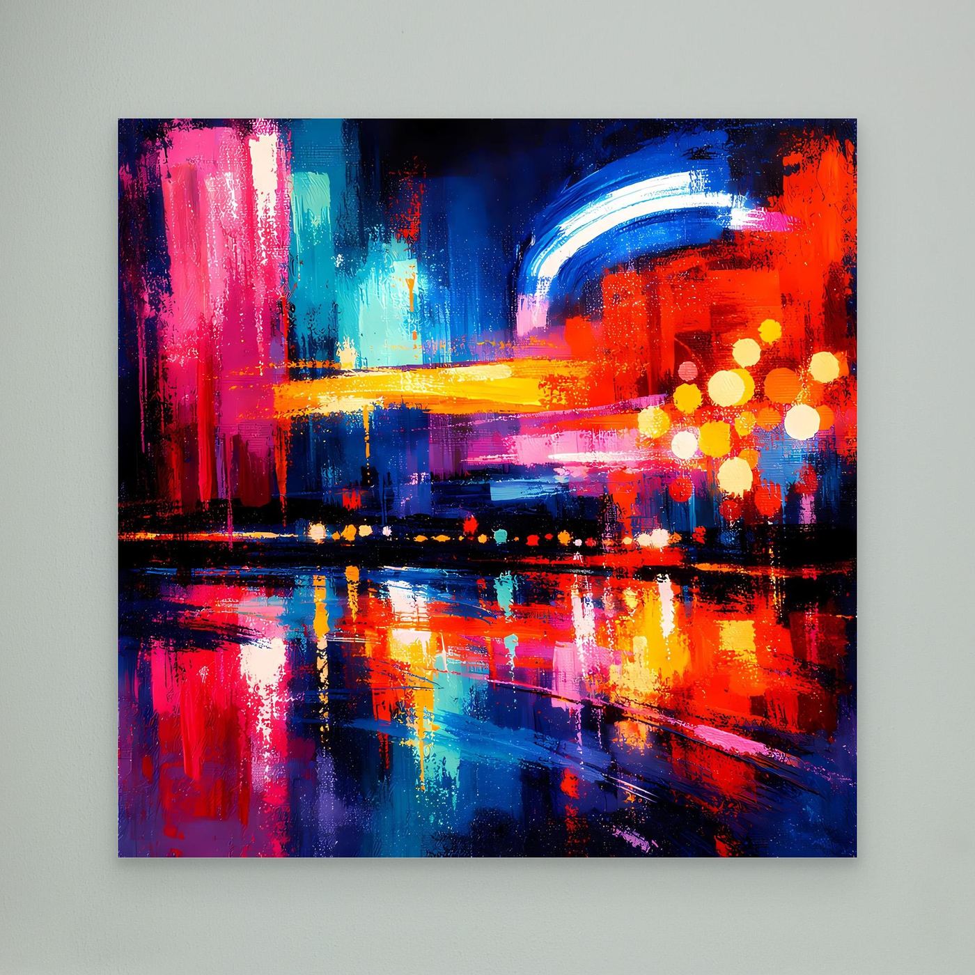 Abstraktes Leinwand-Wandbild mit Stadt-Skyline in Blau, Rot, Gelb und Spiegelungen