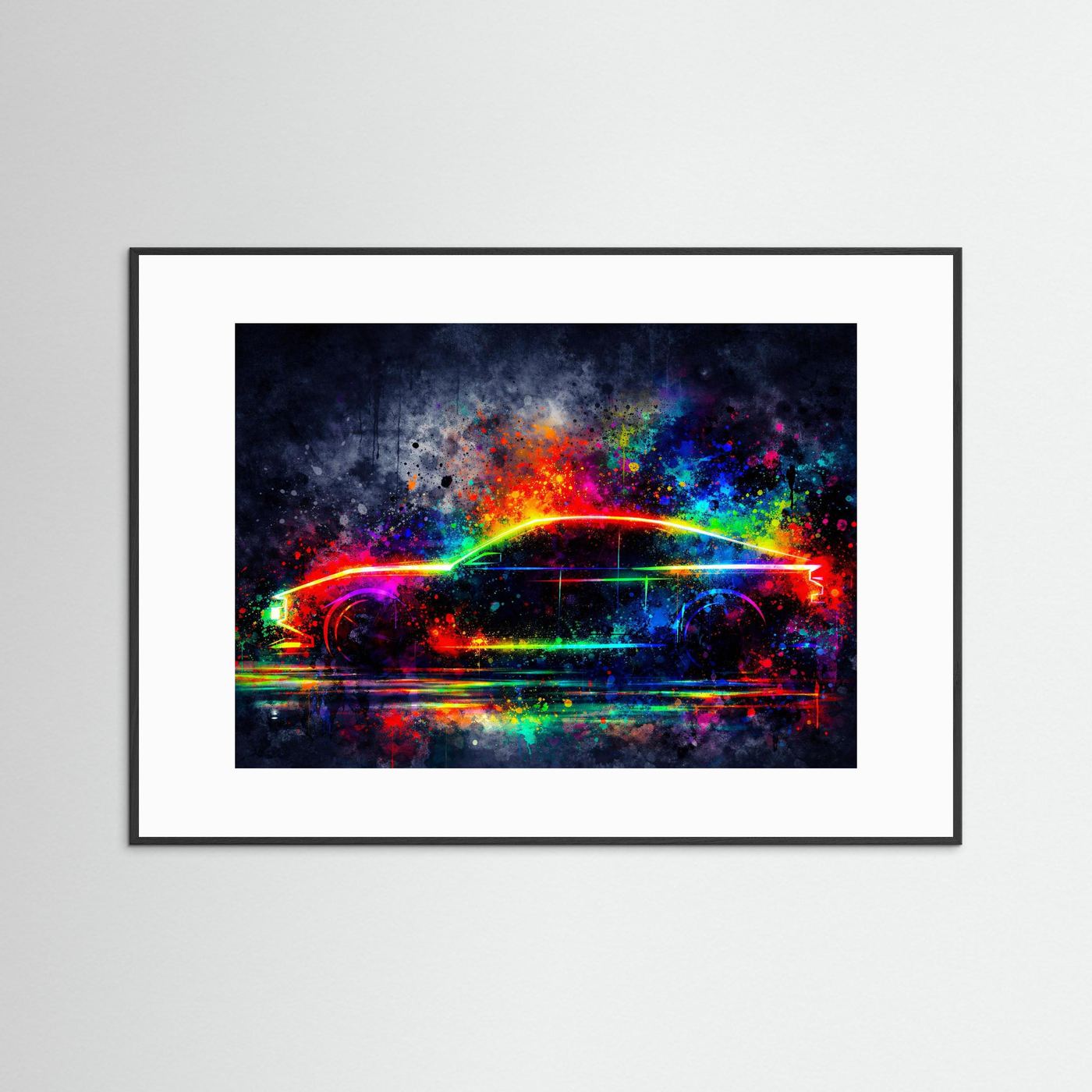 Neon Auto-Silhouette im Farbexplosion-Stil | Minimalistische Sportwagen Kunst Poster Querformat