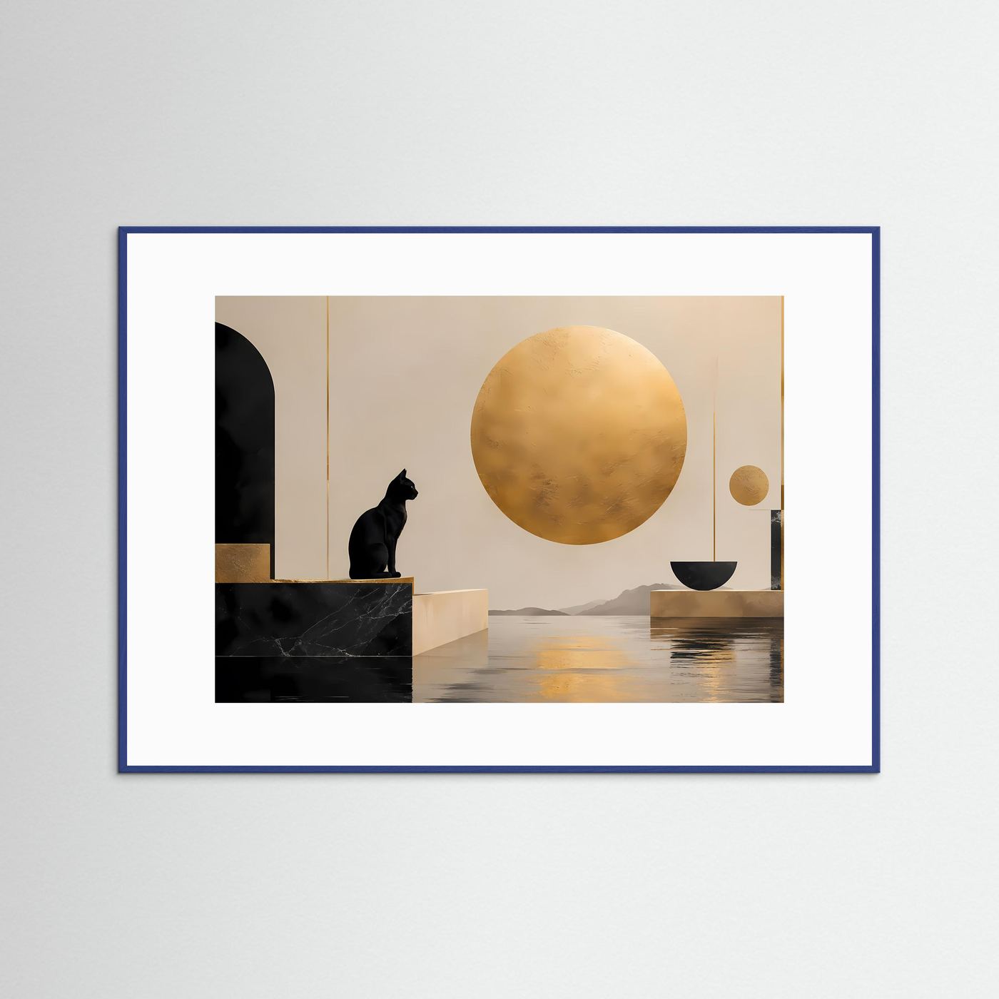 Schwarze Katze vor goldener Sonne | Minimalistische Kunst in Schwarz & Beige