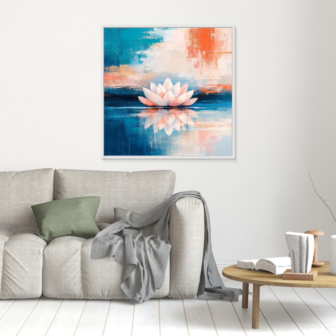 Leinwand Abstrakte Lotusblüte auf dem Wasser | Modernes Seerosen Wandbild Blau Orange