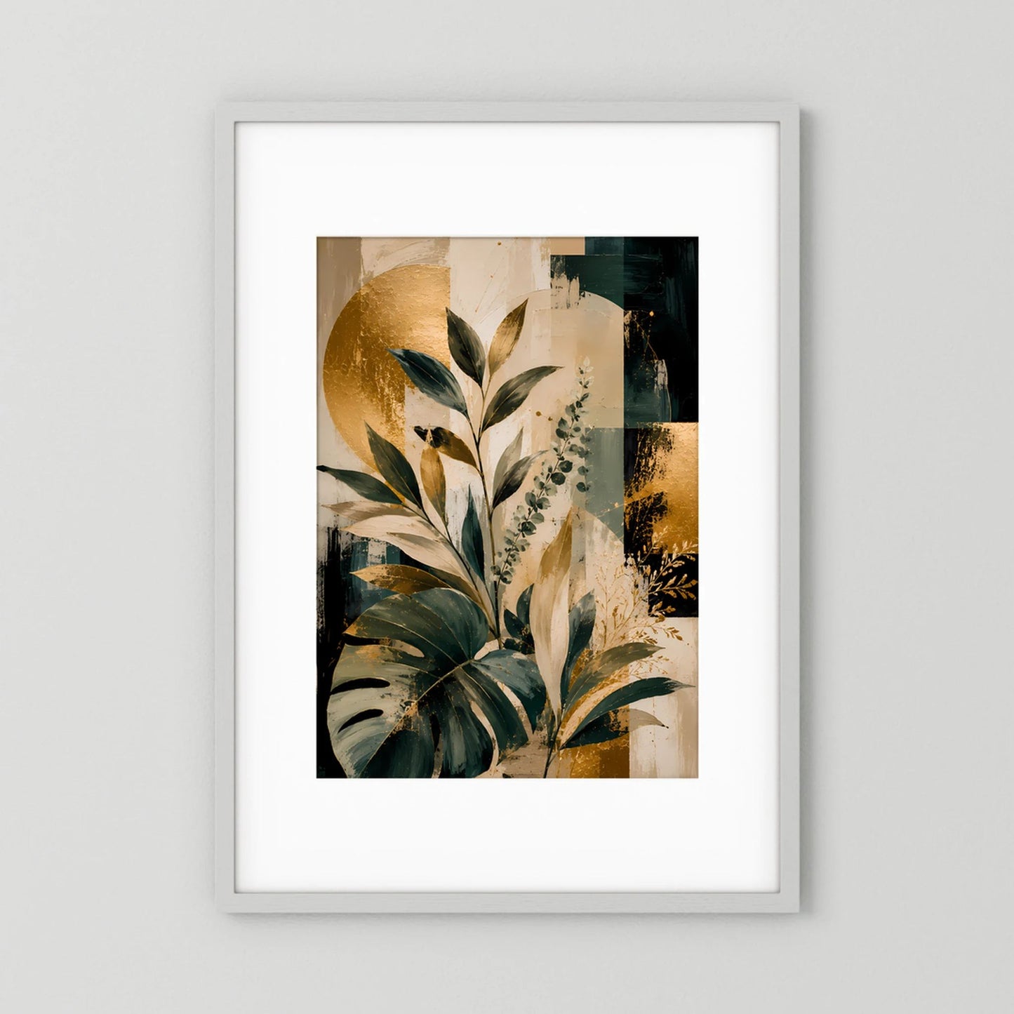 Hochformatiges Kunstposter mit goldenen und grünen Blättern, weißer Rahmen
