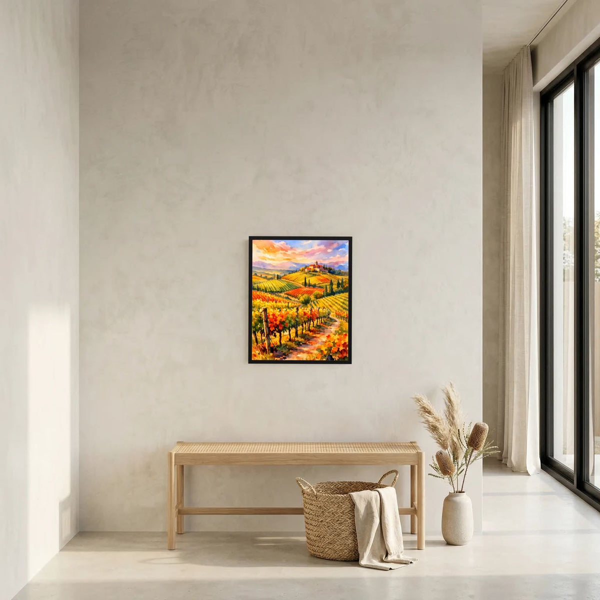Wandbild-Poster mit farbenfroher Toskana-Landschaft, gerahmt in dunklem Rahmen