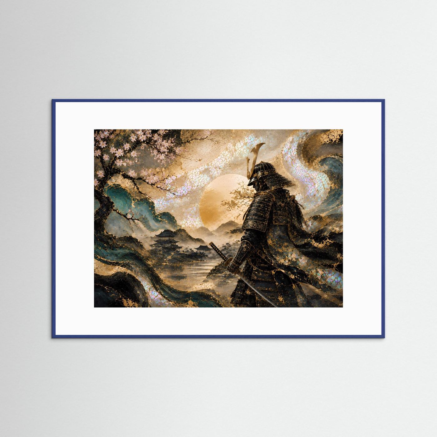 Gerahmte Wandkunst: Samurai in Schwarz, Kirschblütenmotiv, blauer Holzrahmen