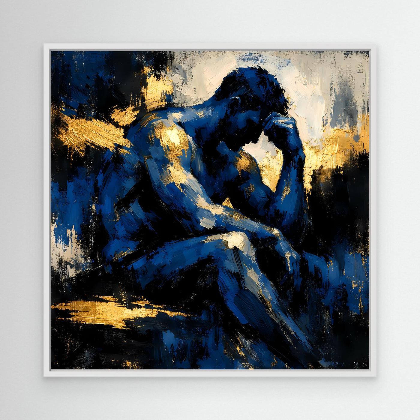Leinwand Der Denker in Blau | Abstraktes Männersilhouette Wandbild Gold