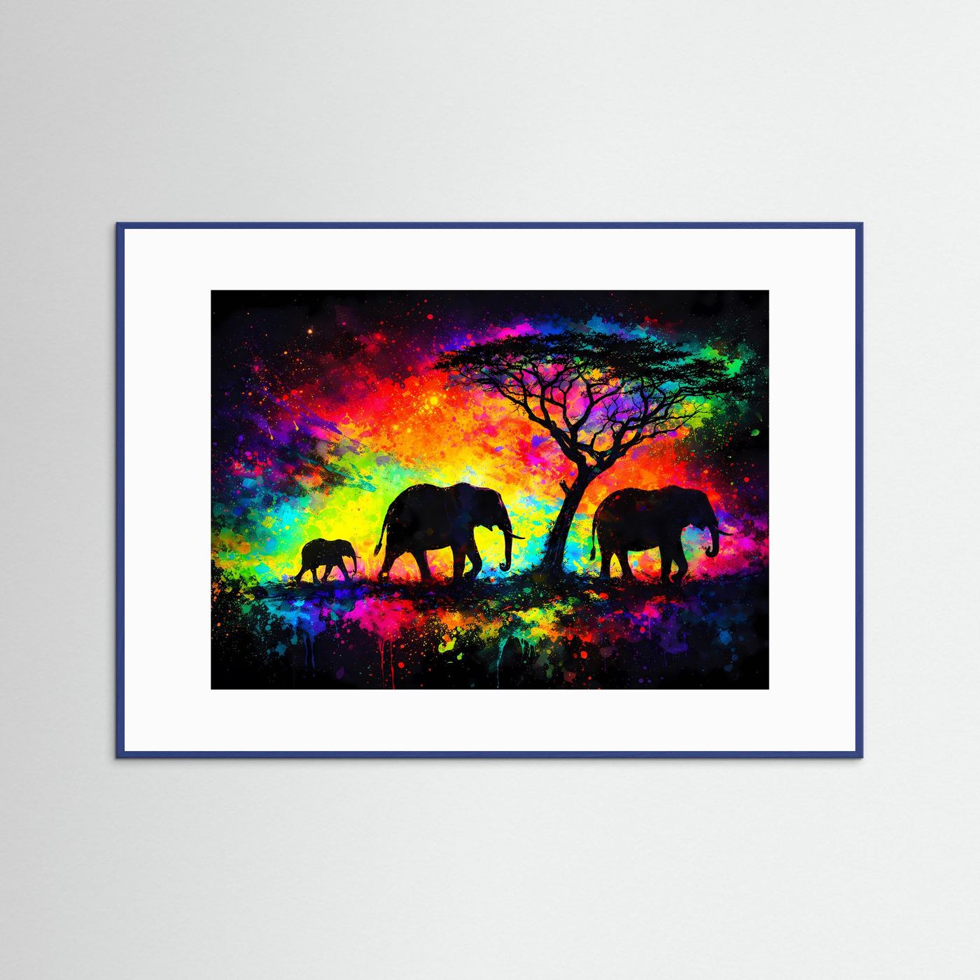 Elefanten-Poster im Pop-Art-Stil mit buntem Regenbogen-Hintergrund, blau gerahmt