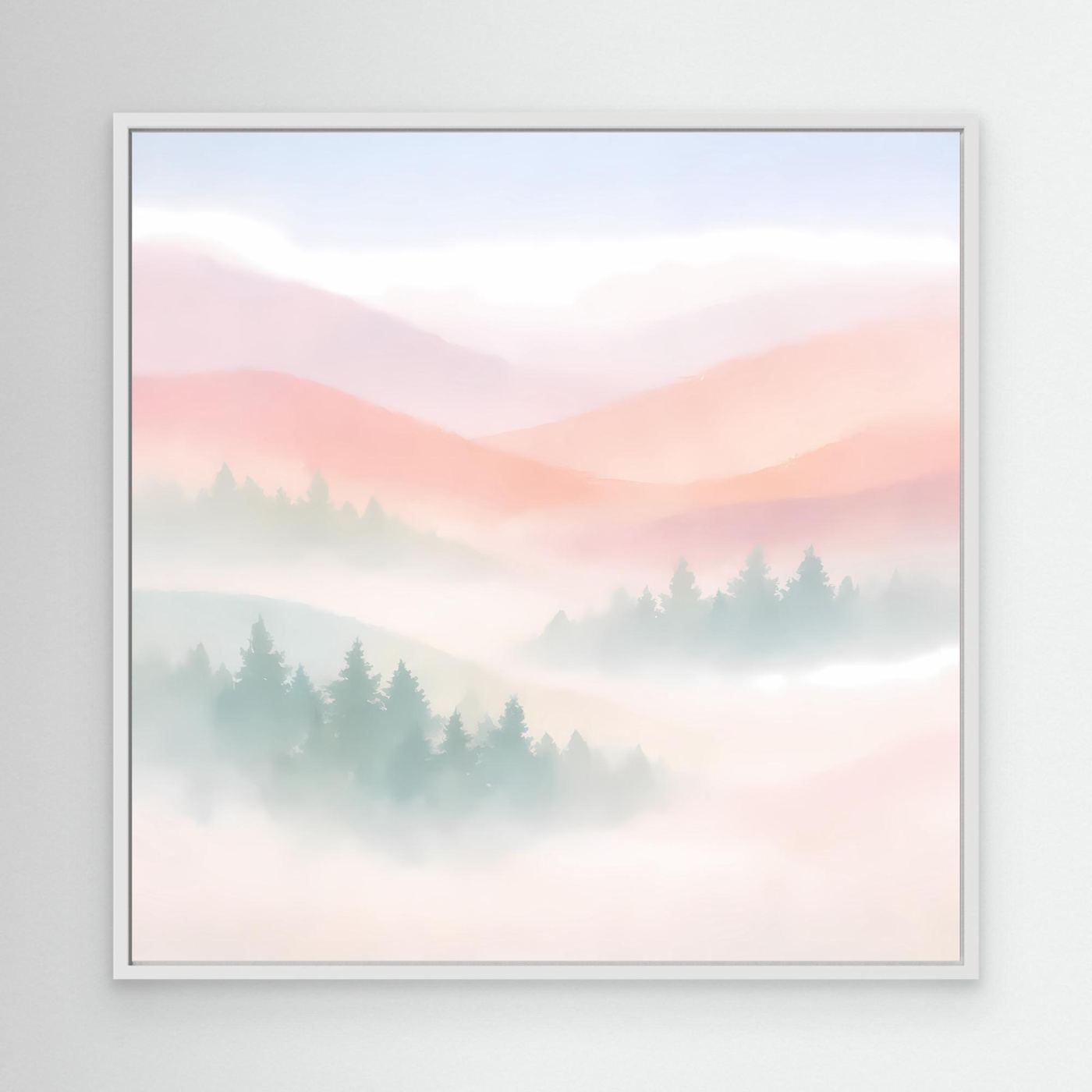 Leinwandbild mit nebligem Berggipfel, Pastellhimmel, im weißen Rahmen