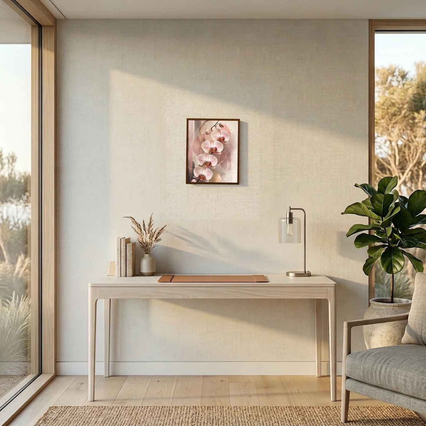 Gerahmtes Orchideen-Poster in Rosé mit Goldakzenten