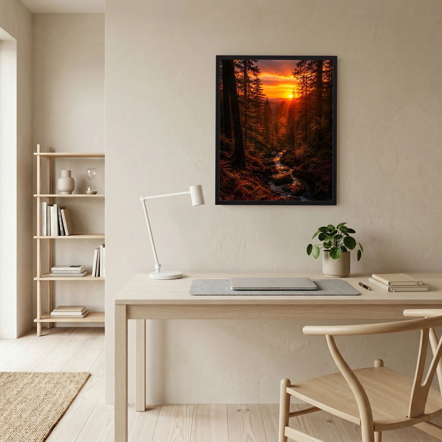 Wandposter im schwarzen Rahmen über Schreibtisch mit Waldweg und Abendsonne