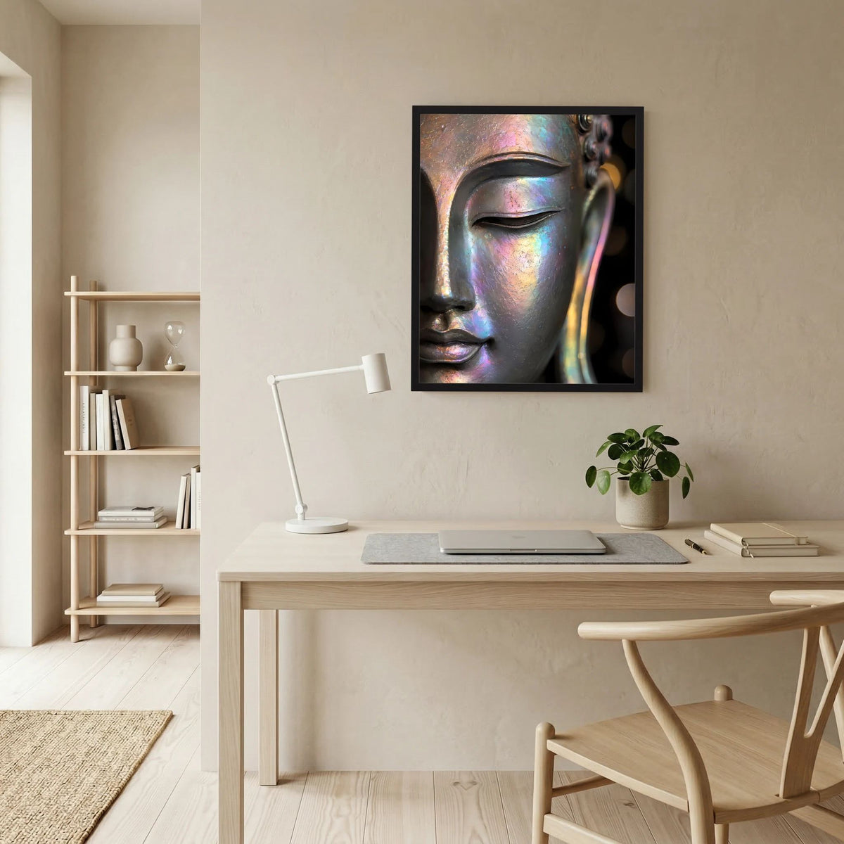 Kunstposter Buddha-Gesicht im schwarzen Rahmen mit irisierendem Farbglanz