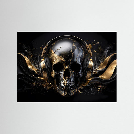 Gerahmtes Poster mit Totenkopf, DJ-Kopfhörern und Goldakzenten, schwarzer Rahmen