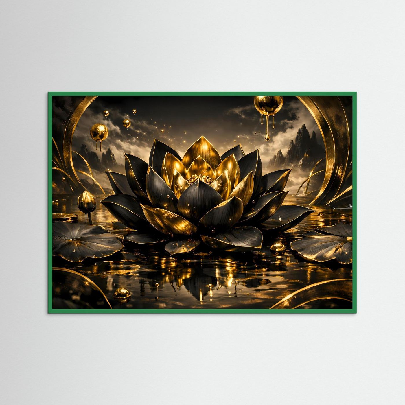 Poster: gold-schwarze Lotusblüte im Wasser, goldene Ornamente, grüner Rahmen