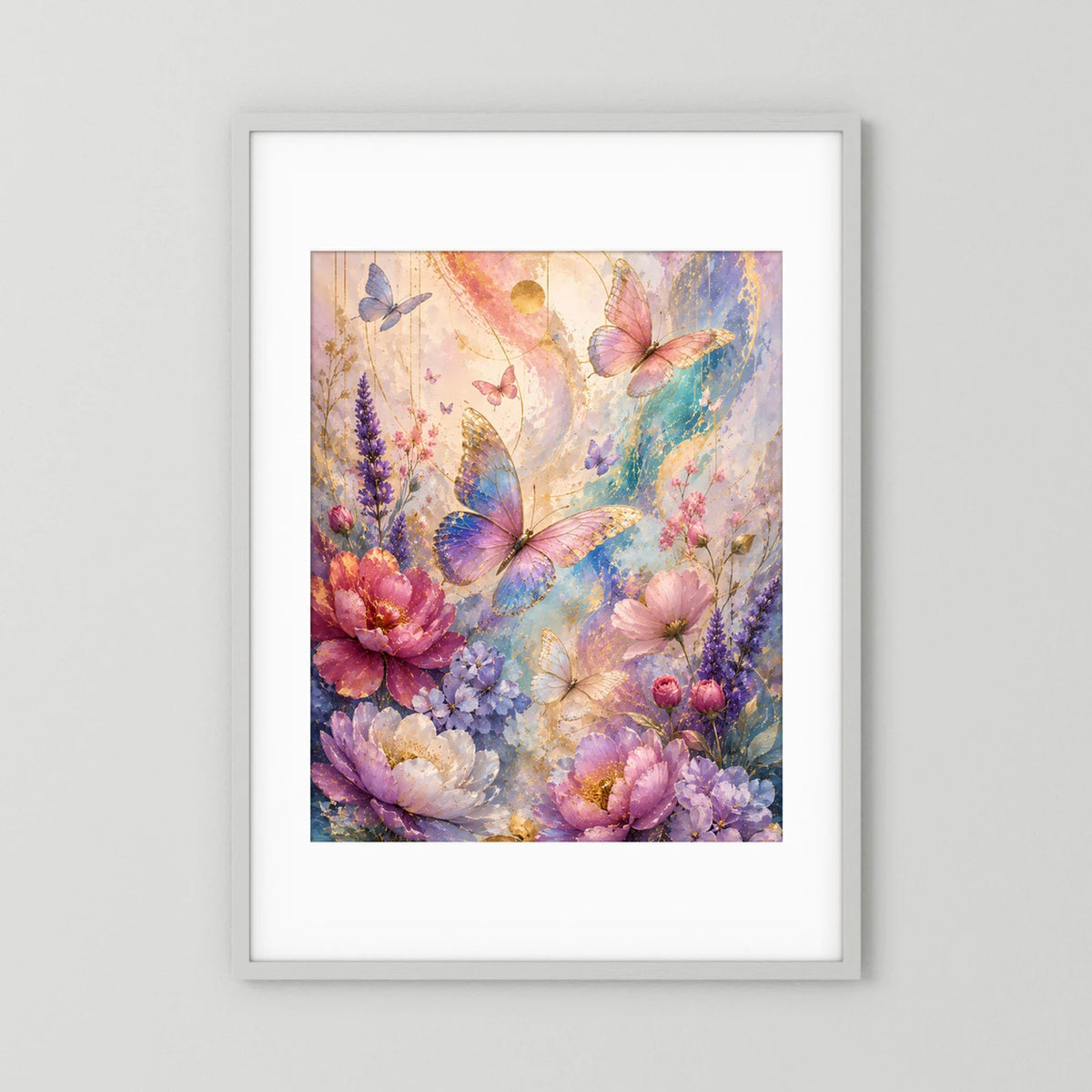 Hochformatposter mit Schmetterlingen und Blumen in Pastelltönen, weiß gerahmt