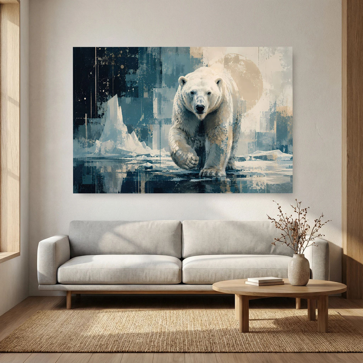 Querformat-Poster mit Eisbär im blau-beigen Abstraktstil, frontal laufend, ohne Rahmenbezug.