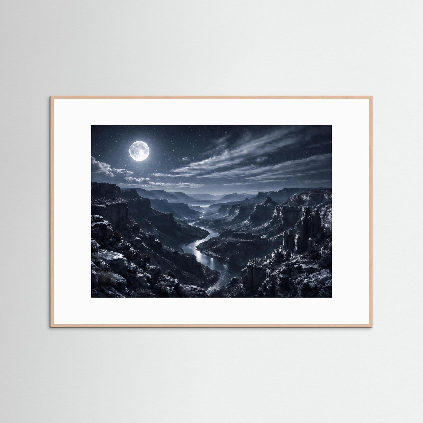 Wandbild mit Mond über Canyon, heller Holzrahmen mit weißem Rand
