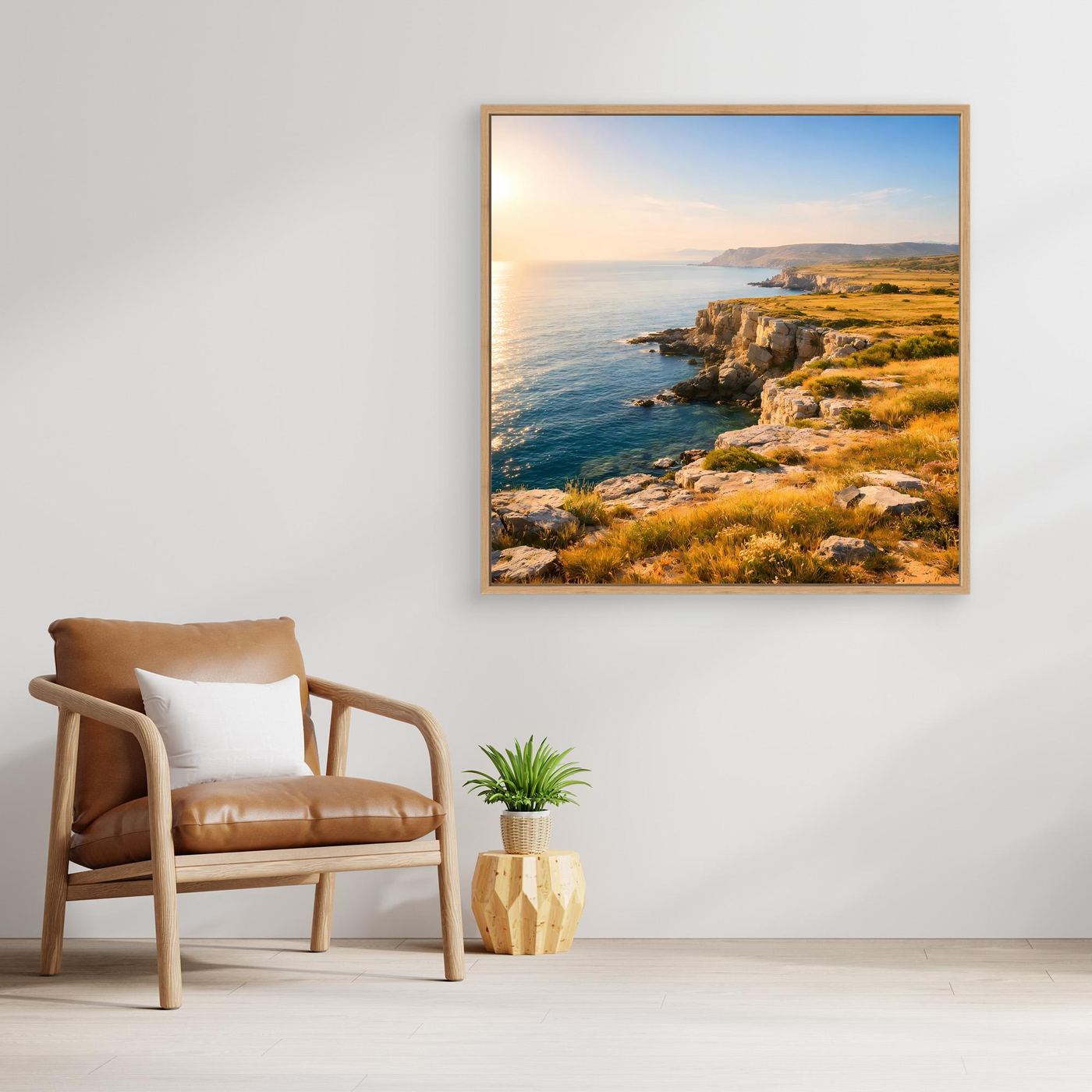 Gerahmtes Leinwandbild Steilküste am Meer mit Holzrahmen, Küste bei Sonnenaufgang