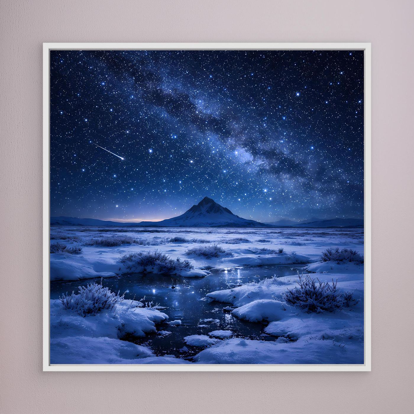 Leinwandbild Schneelandschaft mit Sternenhimmel im Weißrahmen