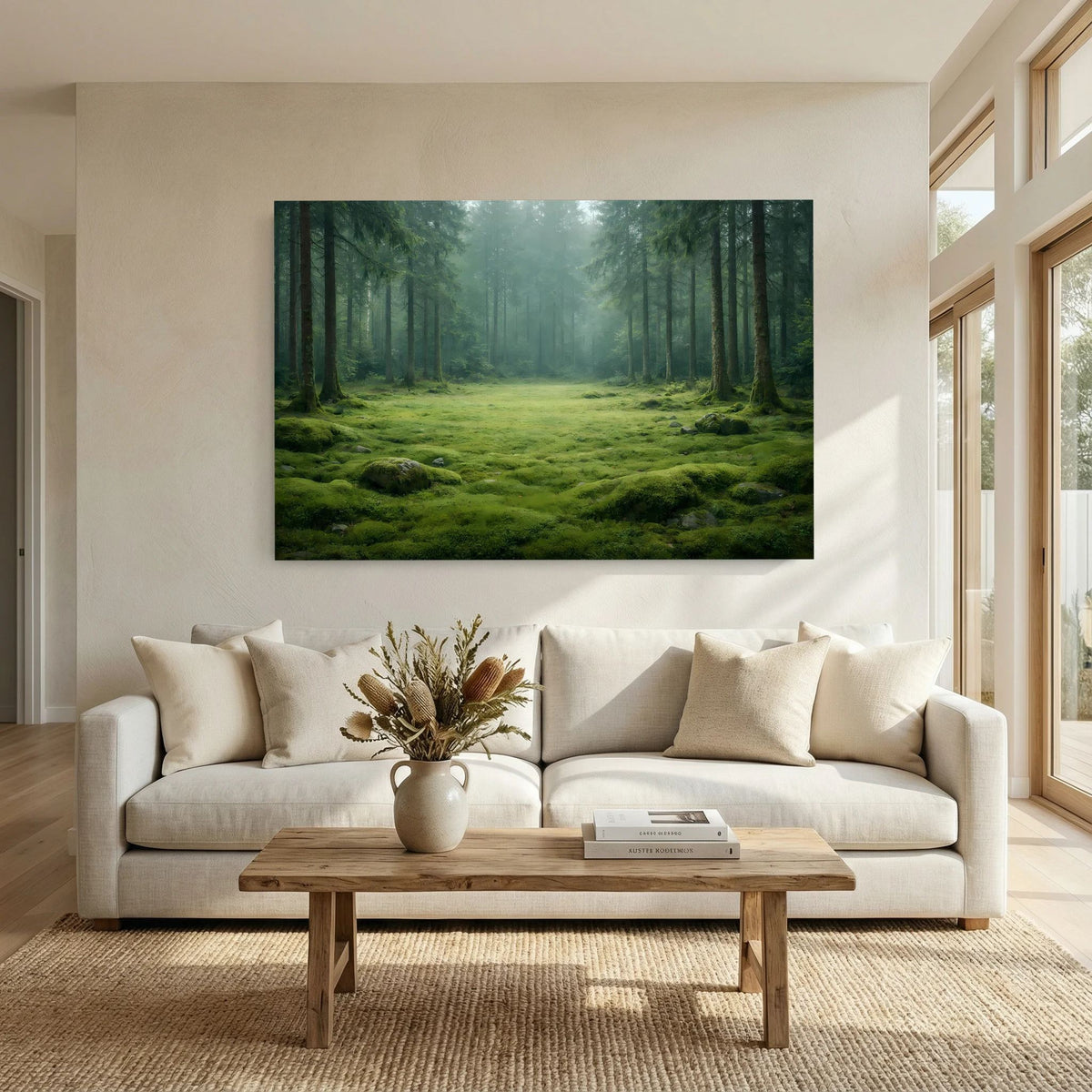 Wandbild Querformat: Waldlichtung mit saftig grünem Moos und Nebel zwischen Baumreihen.