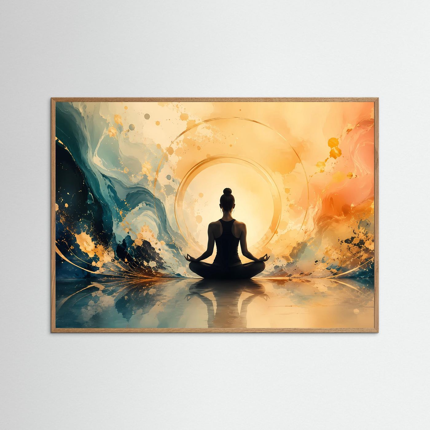 Innere Ruhe und Balance: Meditierende Figur im Lichtkreis | Modernes Yoga-Poster Querformat