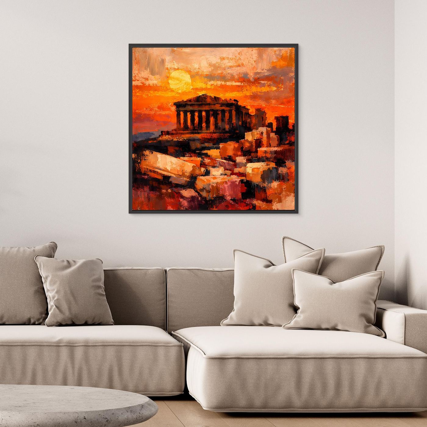 Leinwandbild mit abstraktem Akropolis-Sonnenuntergang, rechteckig, mit schwarzem Rahmen