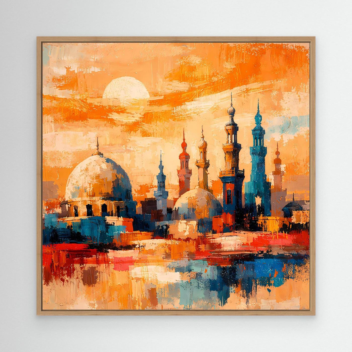 Abstraktes Leinwandbild mit orientalischer Skyline und Minaretten, gerahmt in hellem Holz, orange und blau