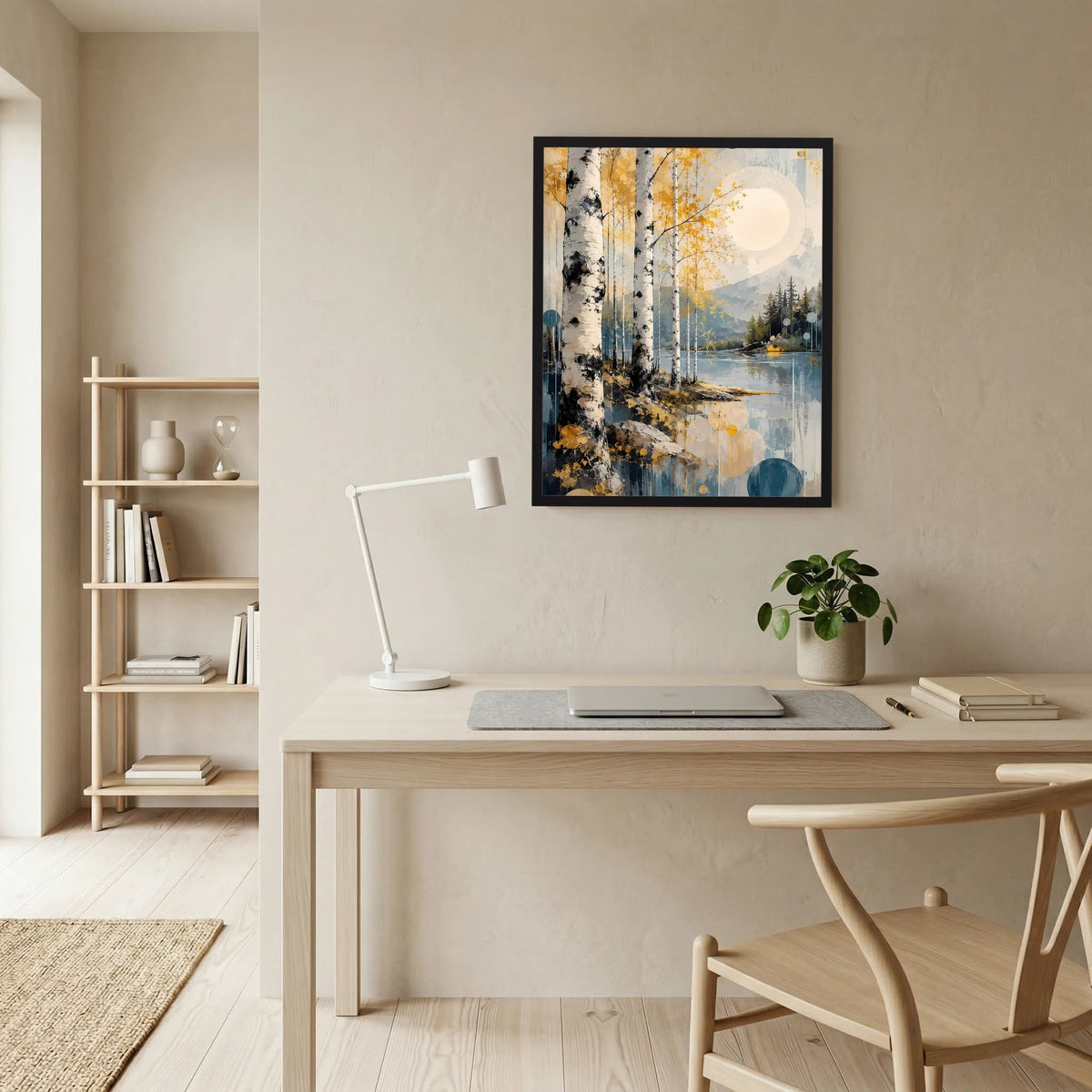 Wandposter im Hochformat mit schwarzem Rahmen: Birkenwald-Landschaft am See, Gold und Blau abstrakt