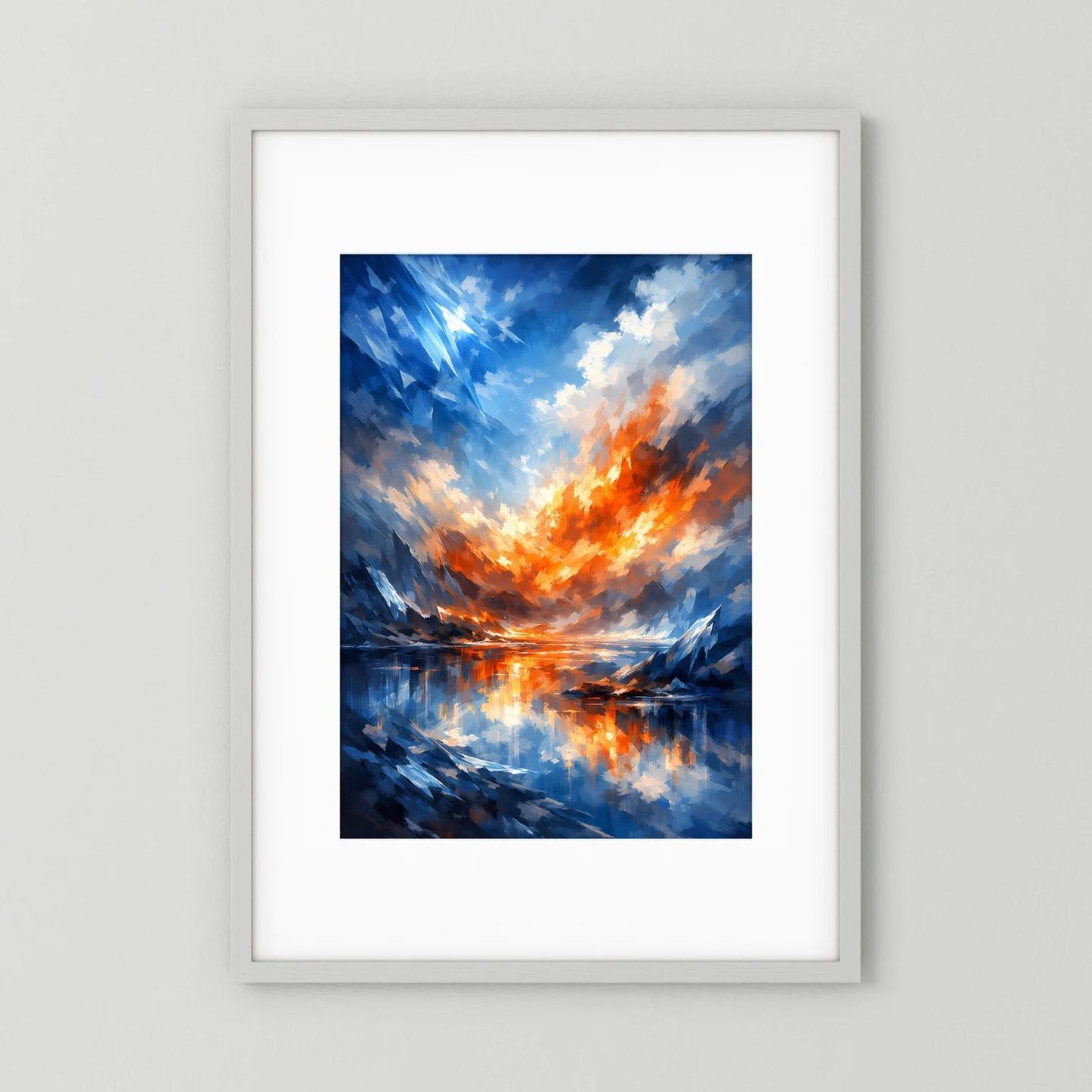 Hochformat-Poster mit abstrakter Landschaft in Blau, Orange und Spiegelung, gerahmt
