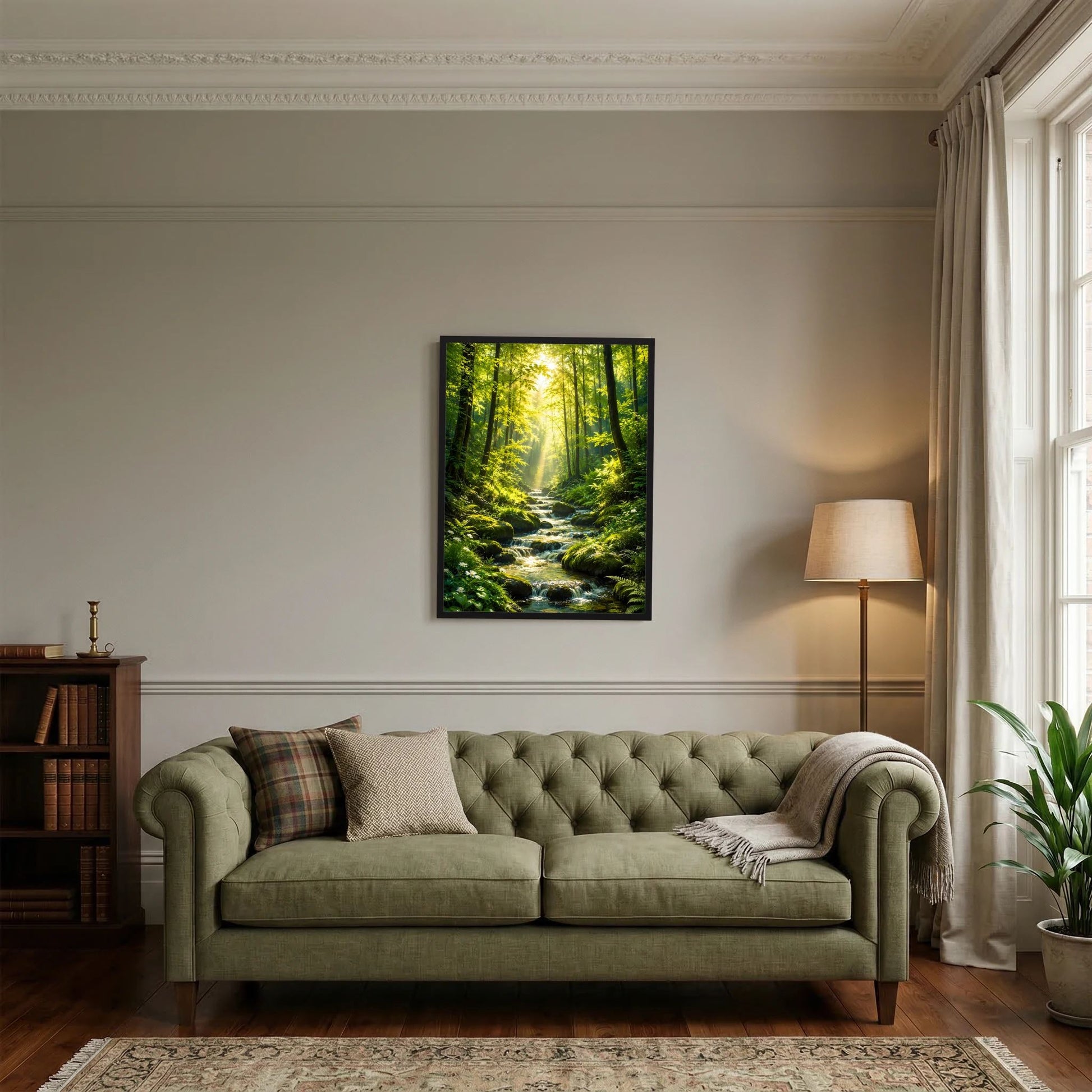 Wandposter mit Waldweg, Waldbach und Sonnenstrahlen, im schwarzen Rahmen