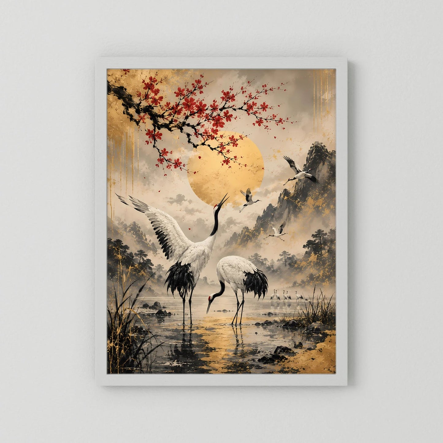 Poster im Hochformat: Kraniche, roter Blütenzweig und goldene Sonne im weißen Rahmen