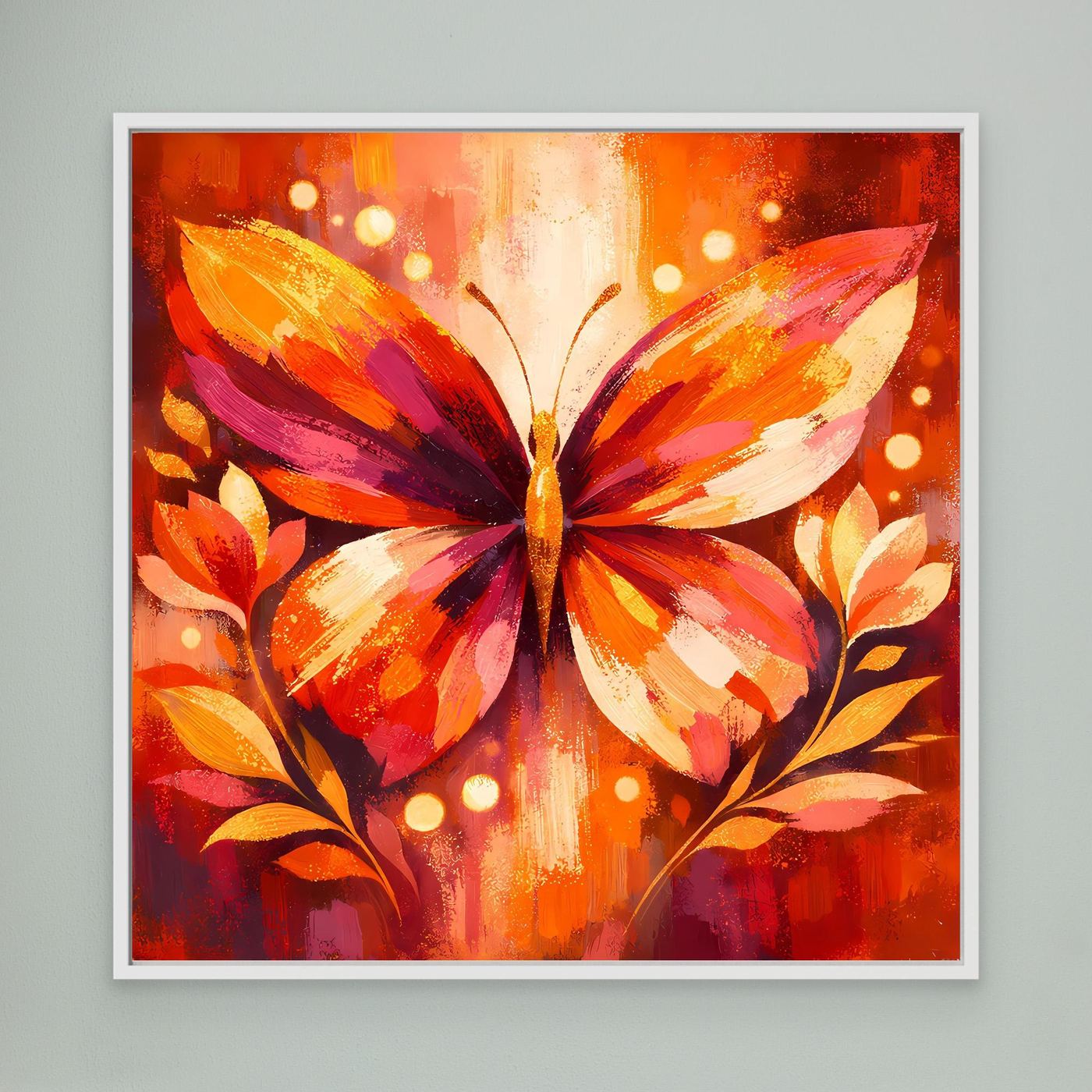Gerahmtes Leinwandbild mit farbenfrohem Schmetterling, orangefarbenem Hintergrund, weißer Rahmen