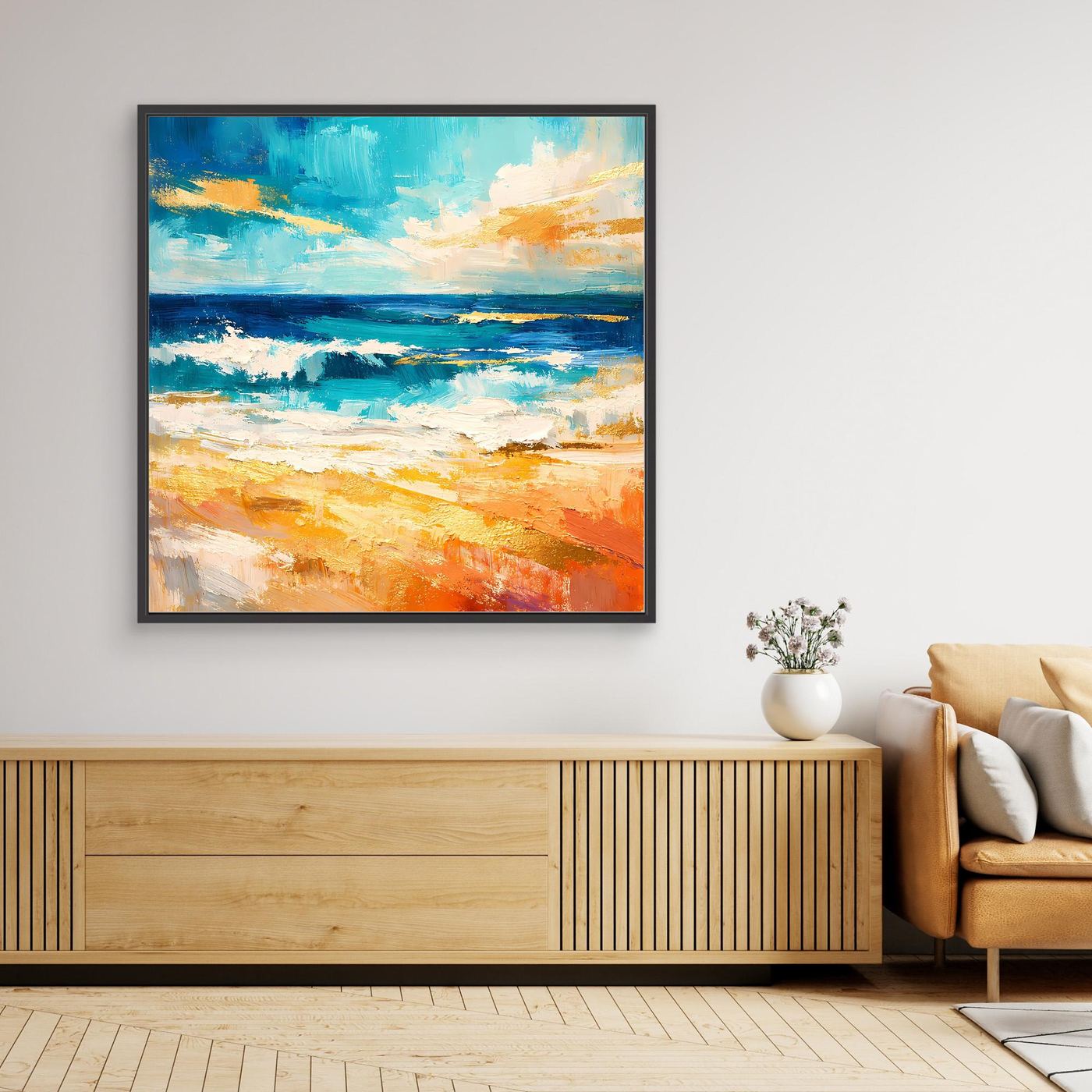 Abstraktes Meer-Leinwandbild mit Strandfarben, blau und orange, schwarzer Rahmen